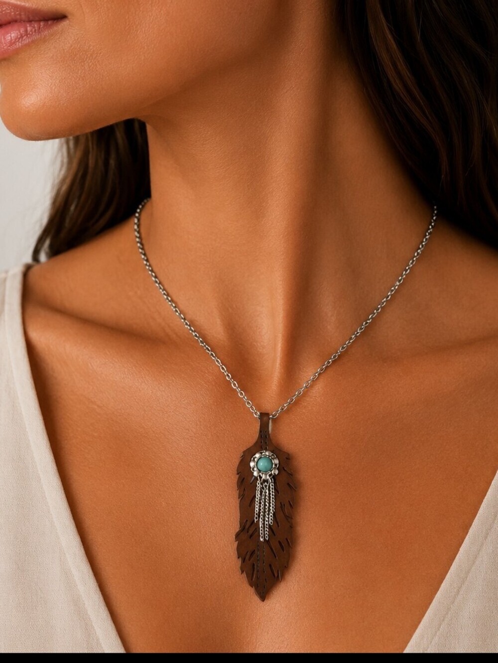 3/$30 Cowboy Core Western Faux Leather Feather Chain Necklace